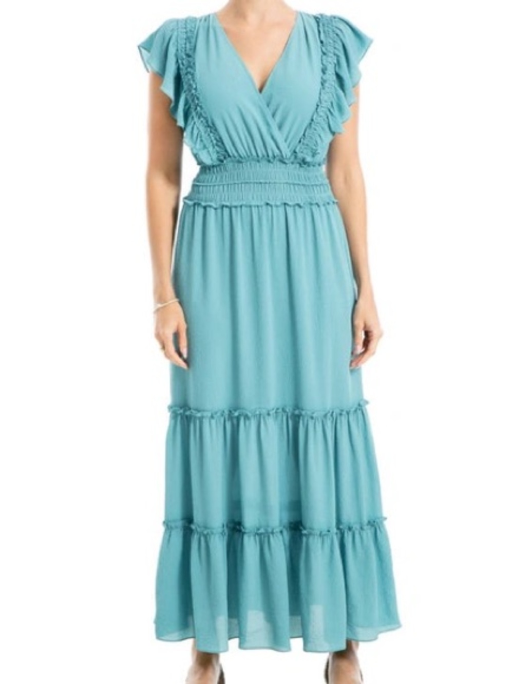 Max Studio Pebble Crepe Flutter Sleeve Maxi Dress in blue NWT